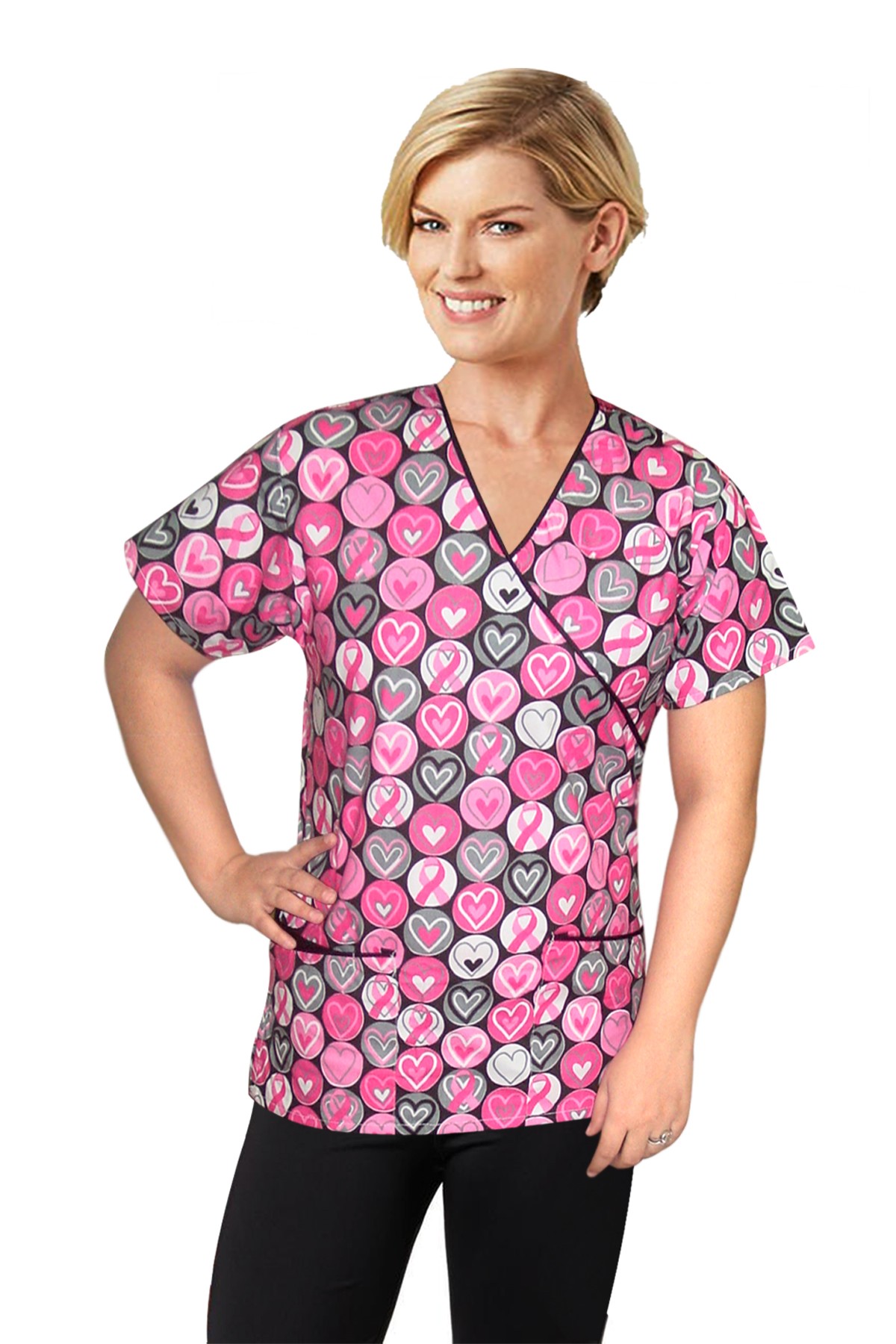 Printed scrub set mock wrap 5 pocket 