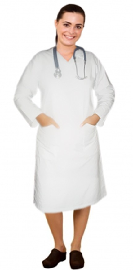 V neck full sleeve nursing scrub dress with 2 front pockets knee length