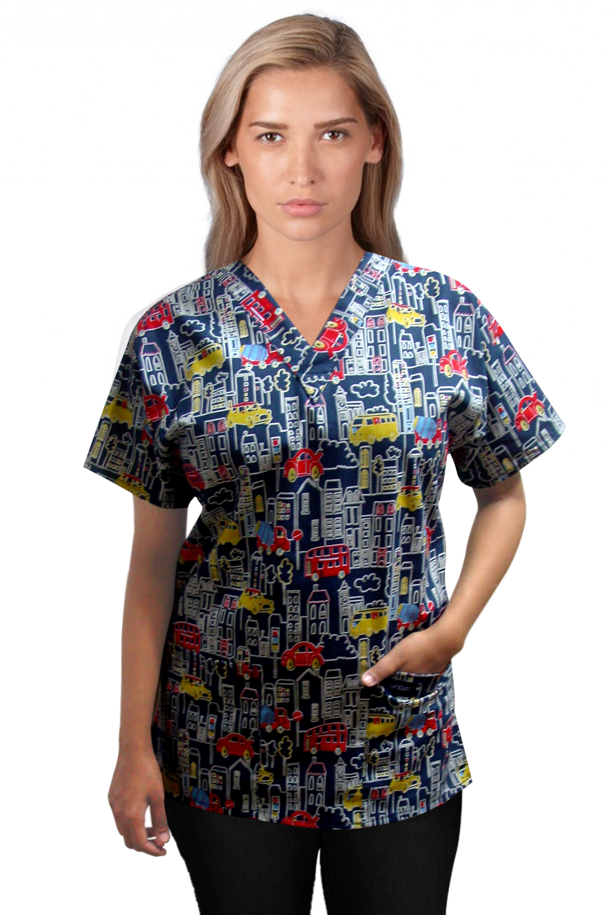 Printed scrub set 4 pocket ladies half sleeve Building And Bus Print (2