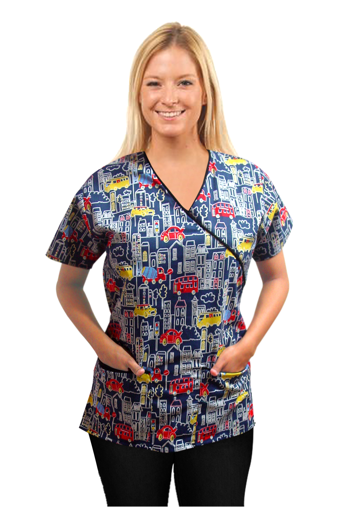 Printed scrub set mock wrap 5 pocket half sleeve in Building and bus Print with black piping (top 3 pocket with bottom 2 pocket boot cut)