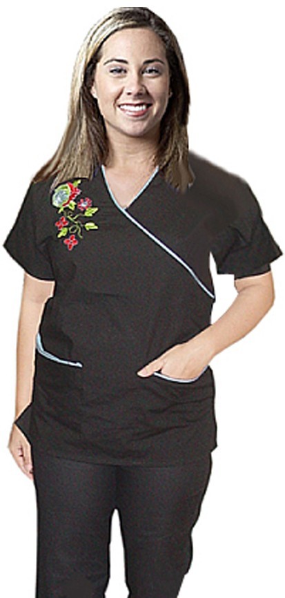 Top with mock wrap 3 pkt half sleeve embroidered top