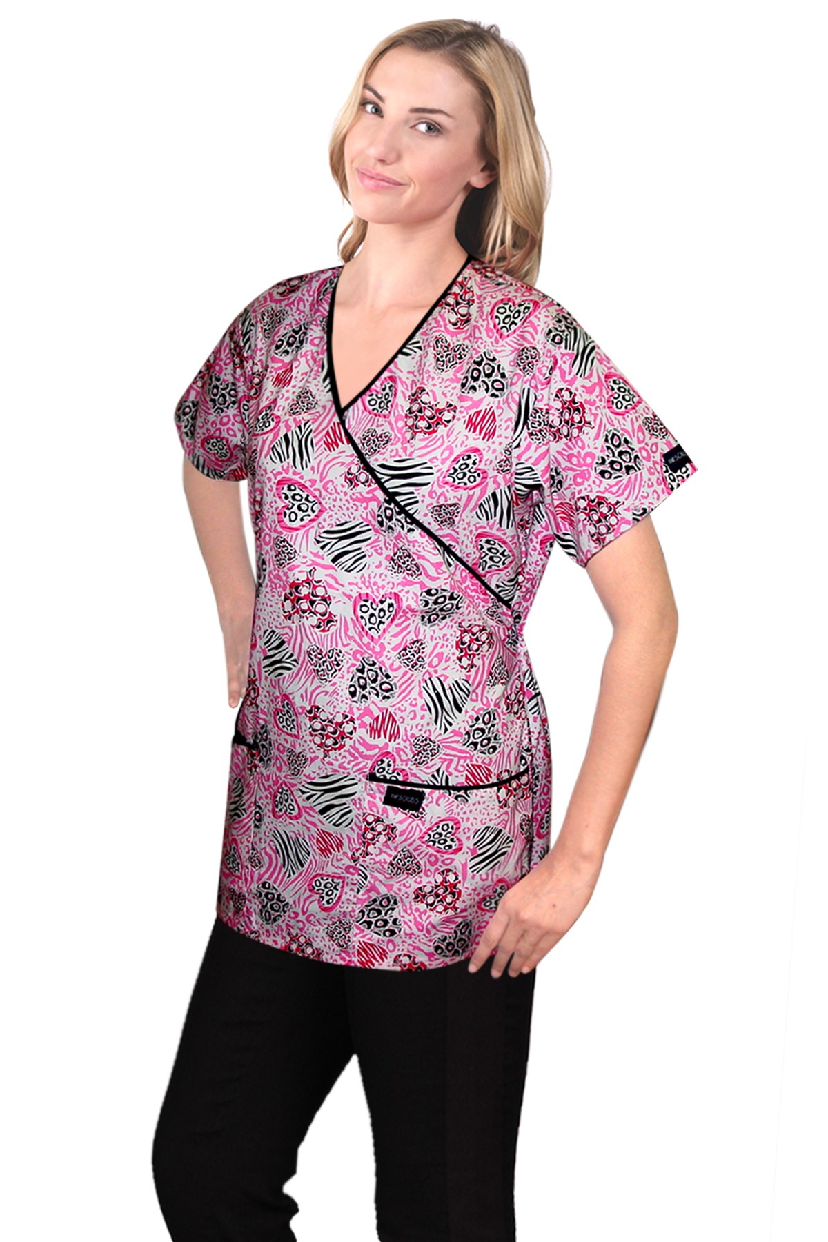 Printed scrub set mock wrap 5 pocket half sleeve in pink and black heart print with black piping (top 3 pocket with bottom 2 pocket boot cut)