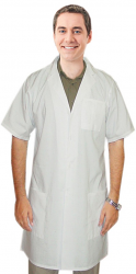 Poplin labcoat uniex half sleeve with plastic buttons 3 pockets solid pleated (48% cotton 52% polyester) in 36",38",40",42" lengths