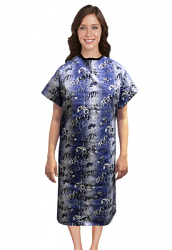 Patient gown half sleeve printed back open, Blue And White Flower Print with black piping, Sizes XS-9X