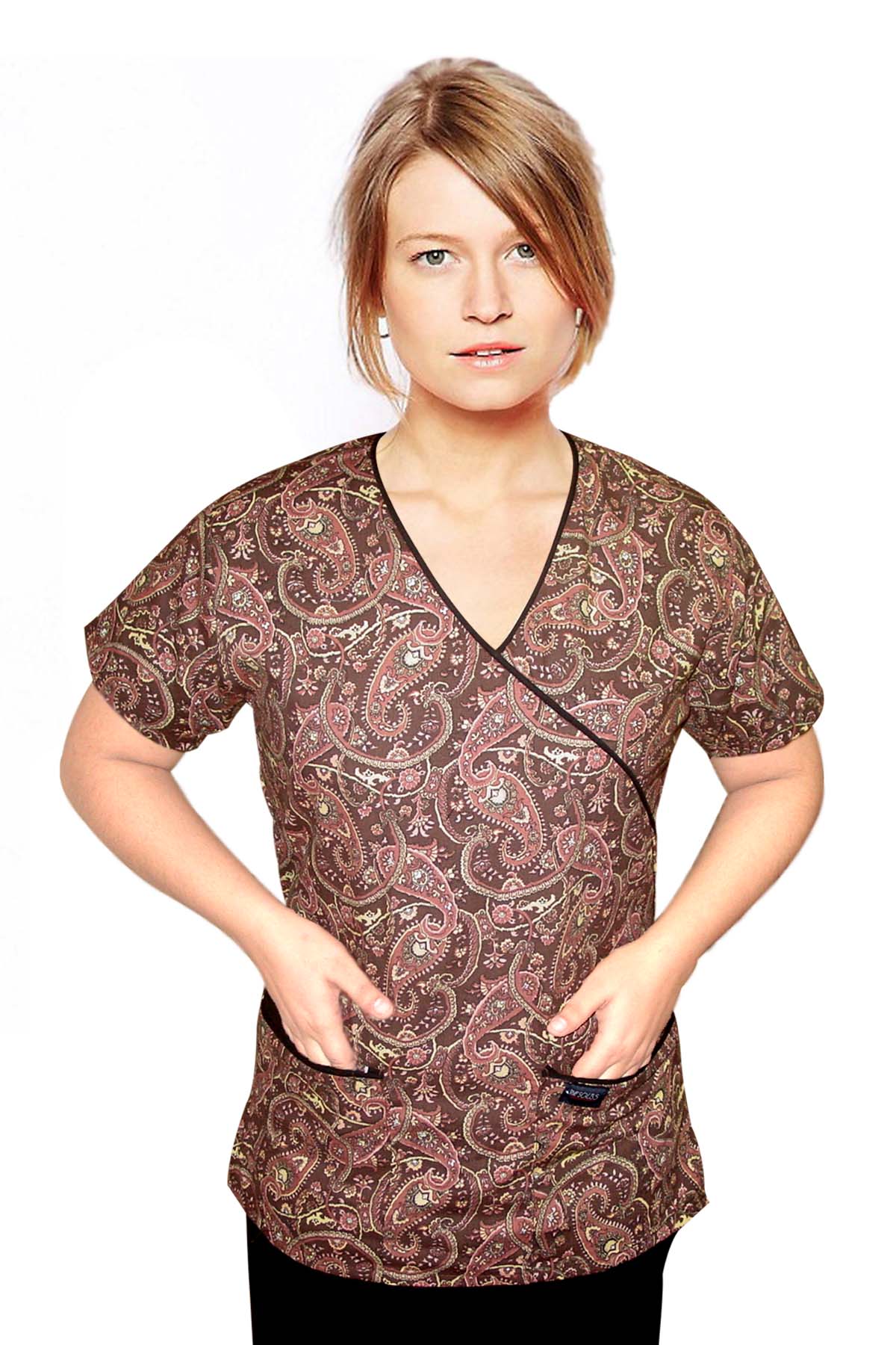 Printed scrub set mock wrap 5 pocket half sleeve in brown daisy with black (top 3 pocket with bottom 2 pocket boot cut) brown daisy print